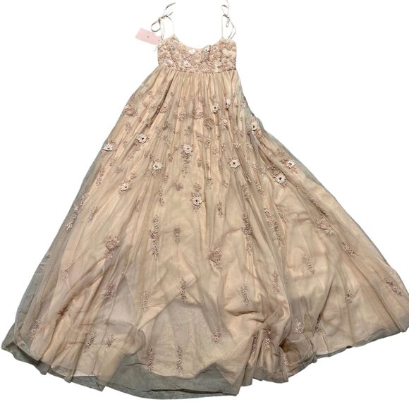 BHLDN Anthropologie New Lacie Gown Dress Peach Tulle Embroidered Beaded Maxi - Picture 7 of 11